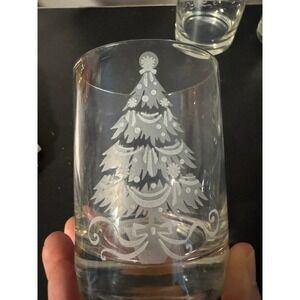 Neiman‎ Marcus 8 Etched Christmas Tree Whiskey Glasses EUC